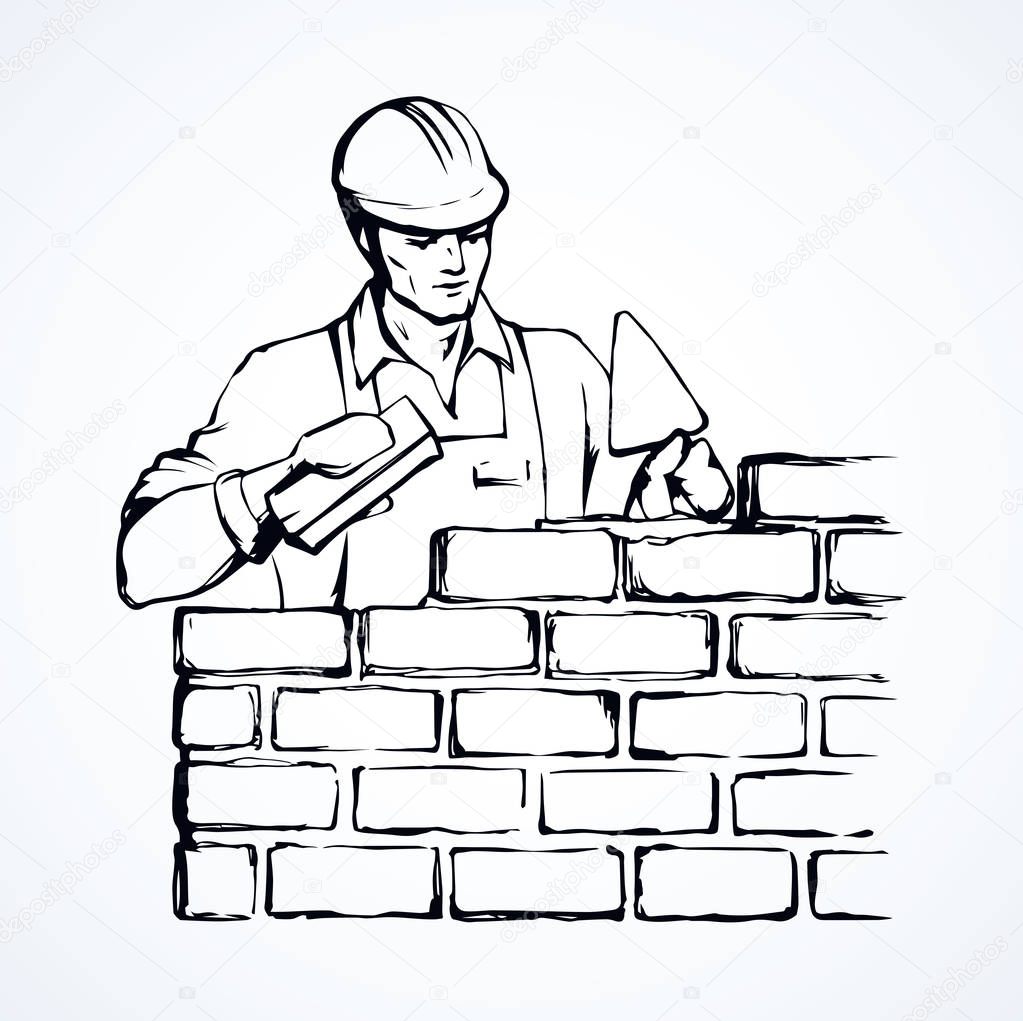 Repairman handyman guy build up new layer level on white background. Line black drawn craftsman stonemason skill diy labor icon sign sketch in retro art doodle cartoon style on paper space for text