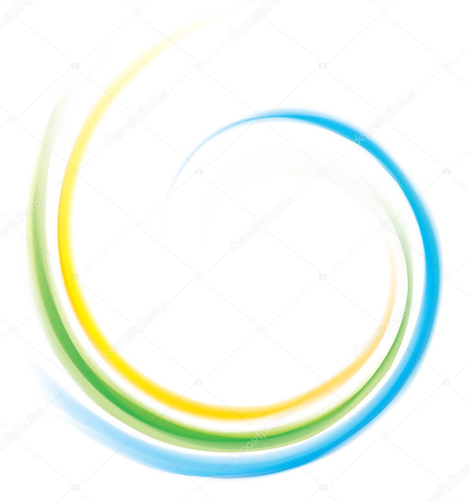 Creative eddy festival happy surface of vivid multi colored glossy curled spraying rippled ring. Yellow, green, blue gamut stripes. Closeup view with space for text in glowing white center