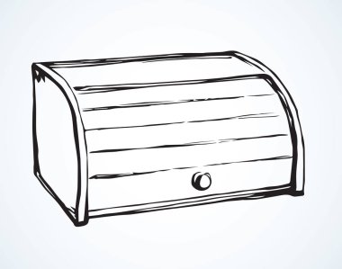 Büyük bambu tahta breadbin kapak tasarımı beyaz masa üstü tahta zemin üzerinde. Serbest el anahat siyah mürekkep el nesne logo amblem sanat retro karalama tarzı kalem kağıt alanı metin için çizilmiş. İzometrik görünümü