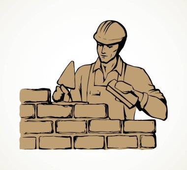 Tamirci tamirci adam zor yeni katman yüzey beyaz gökyüzü arka plan üzerinde kurmak. Retro sanat karikatür tarzı metin için yer üzerinde çizgi siyah mürekkep çizilmiş ustası taş ustası beceri DIY emek simgesini işaret kroki