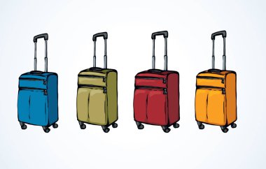 Büyük modern kapalı gövde kutusu sac beyaz Havaalanı zemin üzerinde taşırlar. Canlı uçak takım elbise büyük holdall taşıyıcı. Parlak renkli el çekilmiş logo amblem kroki retro sanat doodle tarzı metin için yer ile