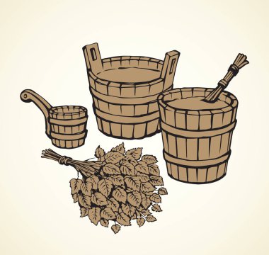 Antik kırsal temizlik ahşap tahta duş vurgunun beyaz banya arka plan. Siyah mürekkep çizilmiş ısı boş kap simgesini işaret grafik stili kalem kağıt üzerinde oyma sanat retro doodle karikatür çizgi