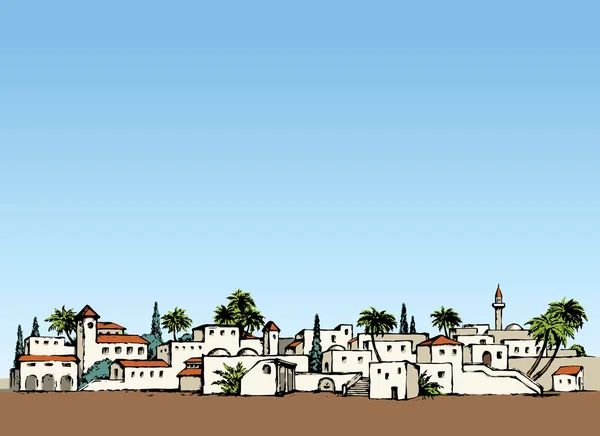上了年纪的中东古董火鸡以古老的白色塔楼为背景 为棕榈树绿洲景观定位 明亮的彩色手绘图画素描 复古卡通画风格 蓝天文字的位置 — 图库矢量图片