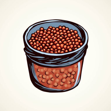 Lezzetli yağ ham osetra spawn ikura petrol beyaz arka plan üzerinde tasarruf etmek. Parlak turuncu renk el çizilmiş servet sandviç menü teneke logo işareti amblem antika sanat doodle tarzı. Portre görünümünde metin alanı olan