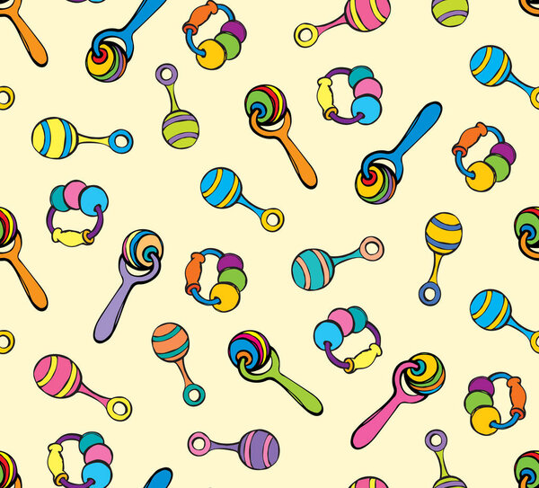 Babyish teething playful noisy clacks on light yellow backdrop. Bright multy color hand drawn joy noisemaker logo sign icon emblem sketchy in art retro doodle cartoon style