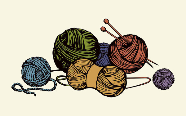 Big soft natural multi color twisted ravel twine coil on white backdrop. Freehand line black ink drawn picture logo emblem sketchy in art scribble retro style. Closeup view with space for text