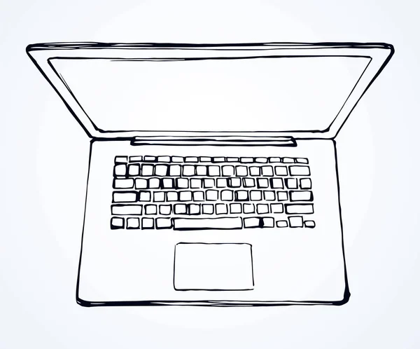 白いテーブル背景に開いている液晶 Macbook タイプを空にします フリーハンドの黒いアウトライン インク描画は Mac のネットブックを導いた Www データ レイアウト — ストックベクタ