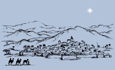 Eski Doğu xmas yolculuk İncil hill sahne. Tarihi kuyruklu yıldız yule Mesih köye git. Siyah Mürekkep el vintage sanat için ekran kartı ile boşaltmak metin olarak mavi akşam gökyüzü üzerinde Noel gospel hikaye siluet çizimi