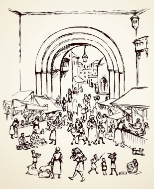 Şark İncille din miras satıcıları kadınlar sahne görünümü. Antika fes kemer kapı kale beyaz arka plan üzerinde bina. Kara El Suudi rabat bazar çeyrek resim sketch vektör sanat grafik stili