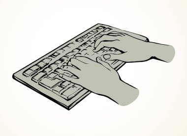 LCD Macbook tuş takımı beyaz masa arkaplanında. Siyah çizgi çizilmiş netbook. Sosyal Veri Anahtarı simgesi çizimi modern sanat karalama tarzında metin için ped boşluğunda. Üst görünümün üzerindeki avuç içi baskısını kapat