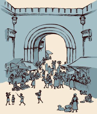 Şark İncille din miras satıcıları kadınlar sahne görünümü. Fes kemer kale kule beyaz zemin üzerine bina antika. Kara El Suudi rabat bazar çeyrek resim sketch vektör sanat grafik stili