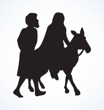 Mutlu eşi Maria hayvan ve kocası Josef gitmek metin için arka plan açık beyaz gökyüzü yürüme binmek. Ama hikaye logo işareti simgesini retro sanat kontur basık yazdırma stilini eve eski neşeli Noel koyu siyah el çekilmiş