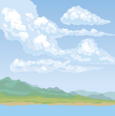 Gri cennet arkaplanındaki akarsu sisi manzarası. Koyu kasvetli renkli el, Gale Rock Mount 'ın çizim resmini karikatür grafik tarzında çizdi. Metin için telif alanı olan panoramik rüzgarlı sahne