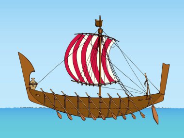 Yüzyıl geçmiş arkaik Etrüsk bireme tuval giyim galliass tüccar ticaret veya beyaz arka plan üzerinde izole kolonizasyon için kürek. Parlak renkli çizilmiş resim eskiz sanat retro karikatür gravür tarzında