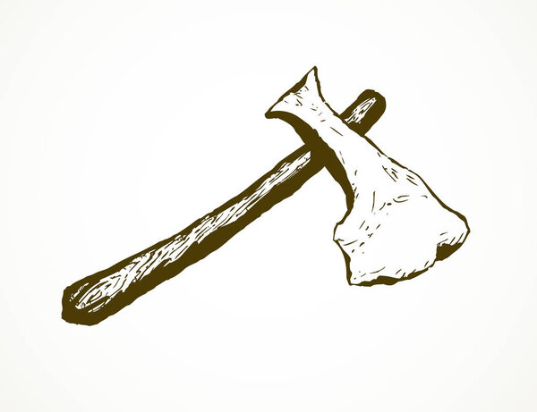 Tribal sharp primitive ax tool isolated on white background. Freehand outline ink hand drawn scribble sketchy icon picture. Closeup view with space for text