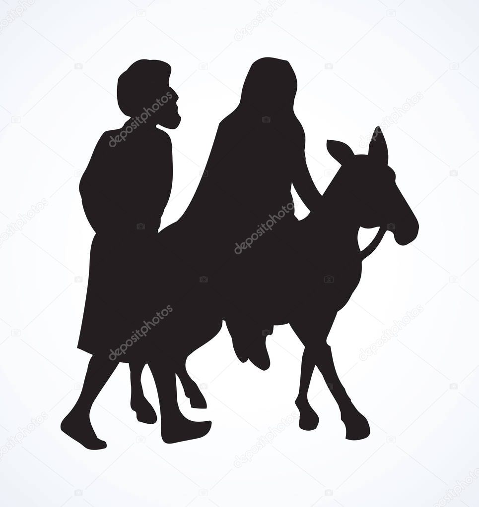 Happy wife Maria on animal and husband Josef go ride walk on light white sky background for text. Dark black hand drawn old merry xmas come eve story logo sign icon in retro art contour engrave print style