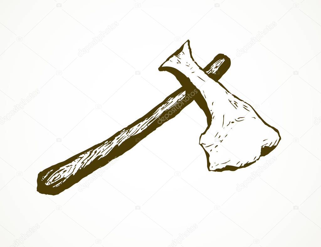 Tribal sharp primitive ax tool isolated on white background. Freehand outline ink hand drawn scribble sketchy icon picture. Closeup view with space for text
