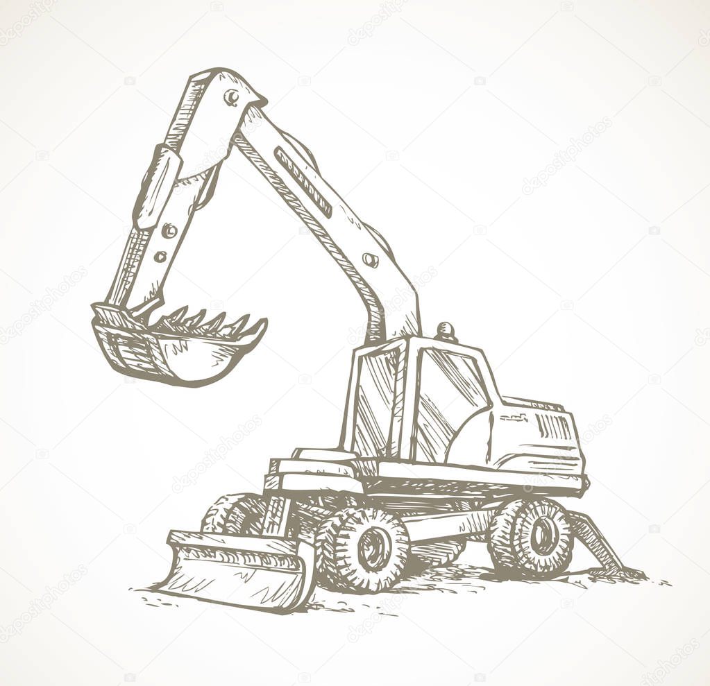 Utility pneumatic mini cutcat model with dipper and big rubber bus isolated on white background. Outline hand drawn sign icon logo pen on paper. Side view on space for text on quarry grub land
