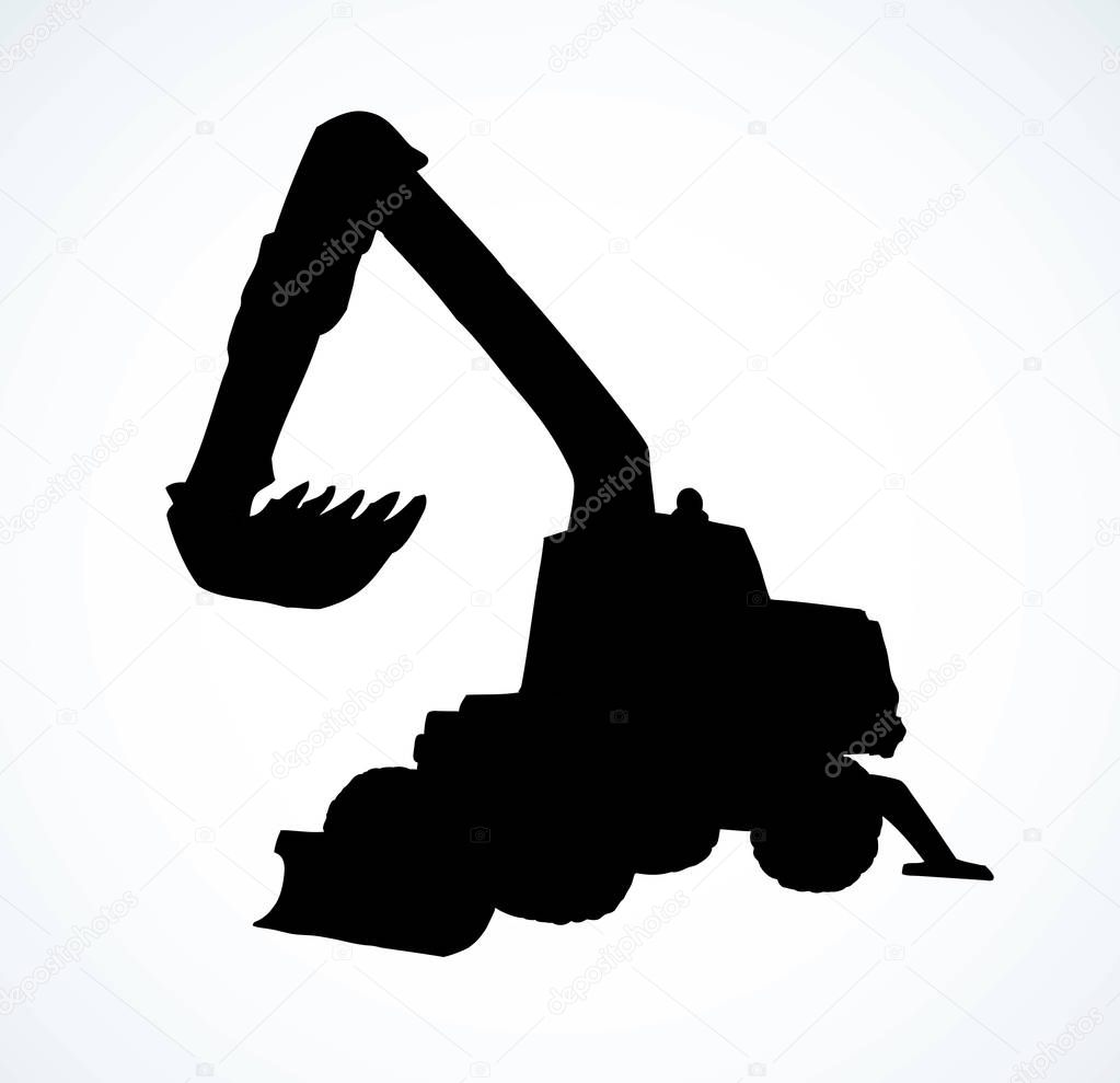 Utility pneumatic mini cutcat model with dipper and big rubber bus isolated on white background. Dark black ink hand drawn logo emblem pictogram on paper. Side view with space for text on quarry grub land