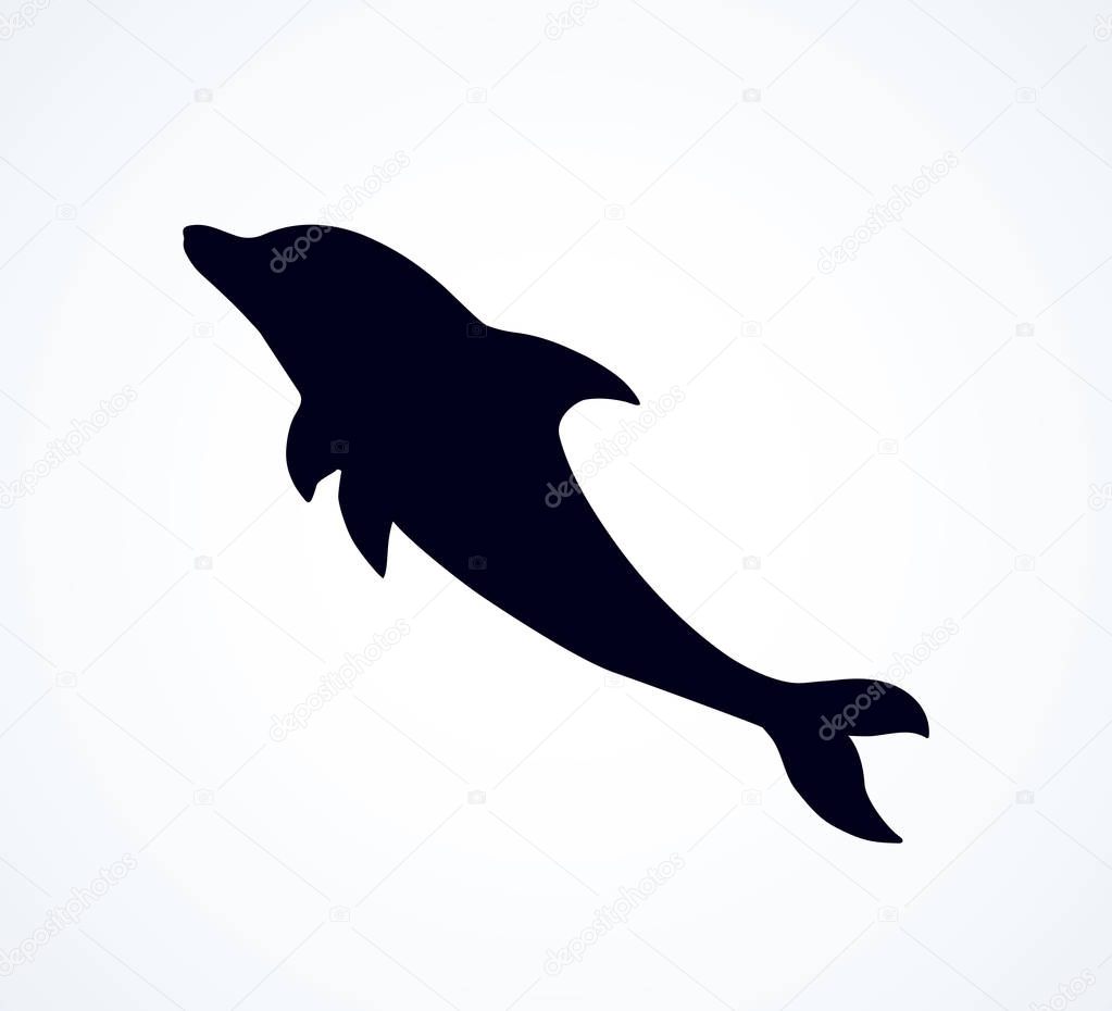 Big fun cheerful cetacean breach on light backdrop. Dark ink hand drawn funny pet pictogram logotype emblem in art retro etching contour print style on paper space for text. Side view