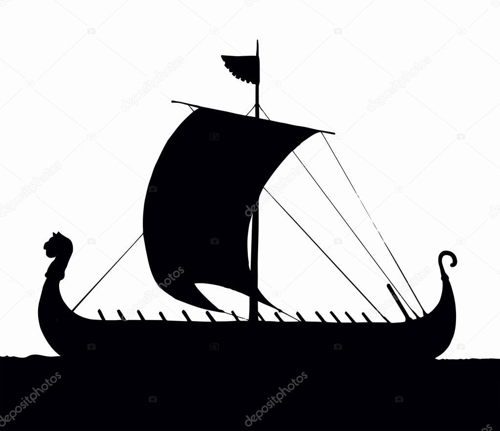 Archaic past century wood oar galleon for merchant trading or colonization isolated on white background. Dark ink hand drawn logo icon sign symbol symbol sketch in art retro graphic gravure style