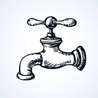 Beyaz arka plan üzerinde izole mutfak lavaboda Yıkama yemekler için kullanılan kapalı sulu dokunun. FreeHand mürekkep sanat karalama antik stili kalem kağıt üzerinde kabataslak çizilmiş simge ver. Metin için yer ile görünüm portre