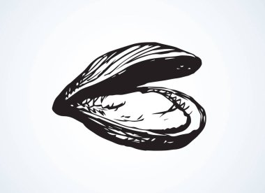 Beyaz zemin üzerinde büyük taze perl Ostreidae yumuşakça. Siyah Mürekkep el çekilmiş Fransız diyet incelik yemek logo amblem yarım yamalak retro sanat karikatür doodle oyulmuş tarzı kalem kağıt alanı metin anahat
