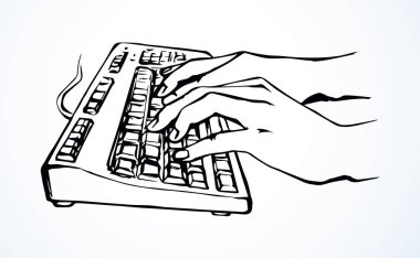 LCD Macbook tuş takımı beyaz masa arkaplanında. Siyah çizgi çizilmiş netbook. Sosyal Veri Anahtarı simgesi çizimi modern sanat karalama tarzında metin için ped boşluğunda. Üst görünümün üzerindeki avuç içi baskısını kapat