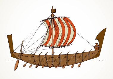 Yüzyıl geçmiş arkaik Etrüsk büyük bireme tuval giyim galliass tüccar ticaret veya beyaz arka plan üzerinde izole kolonizasyon için kürek. Parlak renk sanat retro tarzı elle çizilmiş Fenike kroki