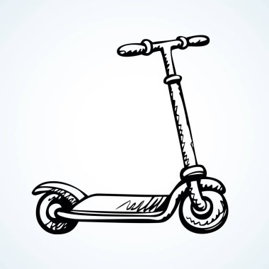 Beyaz yol zemin üzerinde izole basit şirin küçük scooter. Serbest çizim siyah mürekkep el logo işareti sembol grunge sanat retro tarzı kalem kağıt alanı metin için çizilmiş. Portre yan görünüm