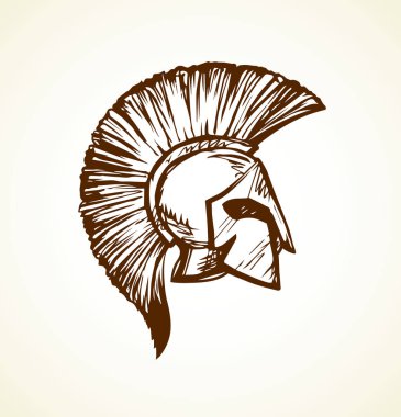 Beyaz arka planda altın Leonidas miğferi geçmiş bir tarih. El yazısı, siyah mürekkep çizimi, resim işareti, karalama, karikatür, kağıt üzerine retro kalem. Metin için boşluk olan kenar görünümünü kapat