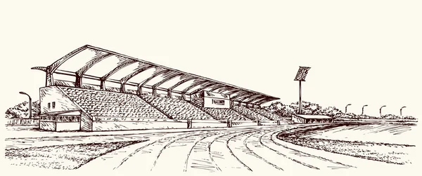 Old big village ballpark lawn. Line black ink hand drawn college row track theater cup symbol backdrop in retro art doodle cartoon style pen on paper space for text. Outline town structure venue view