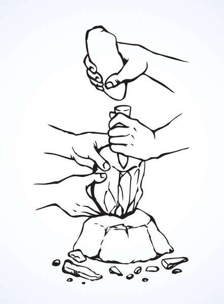 Vector linear monochrome illustration. Primitive people make stone tools