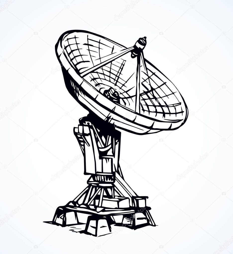 Big modern worldwide aerial C band tv tower system isolated on white background. Freehand outline ink hand drawn picture sign sketchy in art scribble retro style pen on pap with space for text on sky