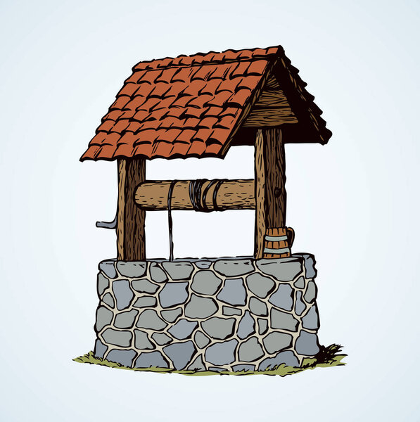 Vintage rusty stone well covered tiled roof in green village yard. Vector monochrome freehand linear ink drawn background sketchy in art scribble antique style pen on paper with space for text on sky