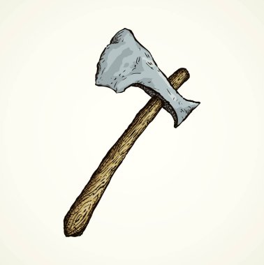 Beyaz zemin üzerinde yaşlı kabile bakır baltayı. Serbest el anahat siyah mürekkep elle çizilmiş polearm miras logo sıklığı doodle sanat Arkaik yarım yamalak amblemi piktogram etch tarzı kalem kağıt alanı metin için. Closeup görünümü