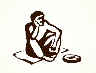 Hasta ruhlu, sıska, iflas etmiş bir sadaka adamı beyaz açık hava şehrinde mesaj atmak için bekliyor. Çizgi siyah mürekkep çizili seyahat eden serseri karakter simgesi pictogram eskiz retro sanat karikatür grafik tarzı