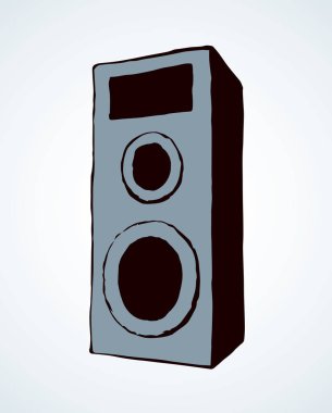 Radyo watt gri alt tiz Tweeter'ler hifi kabin logosu beyaz arka plan üzerinde izole yuvarlak. Siyah mürekkep el çekilmiş hi-fi soundbar piktogram amblemi Eskiz sanat retro karikatür tarzı metin için yer ile