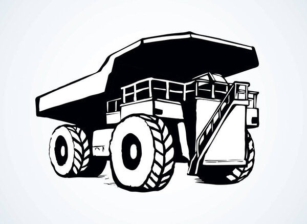 Giant carrier metal tip dirt trash haul dumptruck on white sky background. Freehand line black ink hand drawn logo sign icon sketch in art modern doodle cartoon style pen on paper with space for text