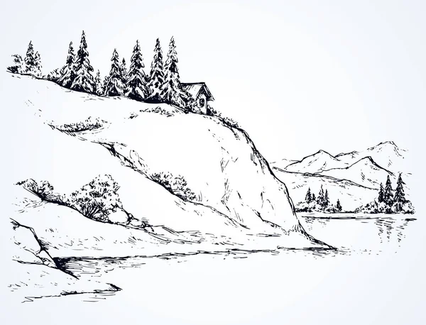 Yüksek Nehir Kıyısındaki Kırsal Uçurum Çalı Çayırı Sahnesi Alp Rıhtımı — Stok Vektör