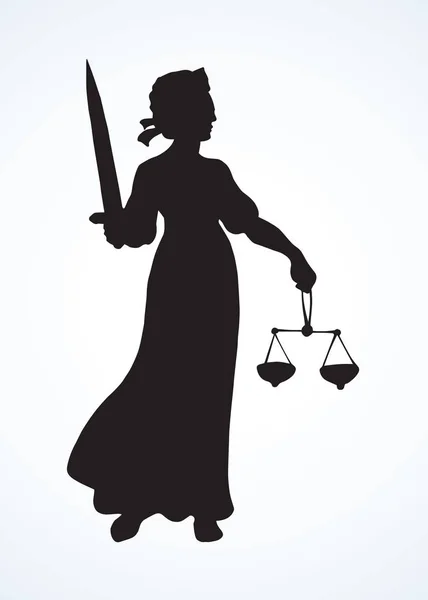 白い法廷紙背景にブラインド フェア Justitia 女性図 古い古典的な市民刑務所 Femida 女性像のピクトグラム 黒描画管轄知恵順序の古代芸術の天秤座ロゴ紋章を刻むスタイル — ストックベクタ