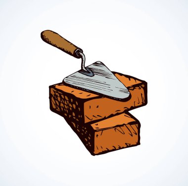 Eski çelik bıçak kürek beyaz sıva zemin üzerinde. Parlak gri renk el çekilmiş sıva darby kepçe nesne logo amblem piktogram vintage sanat doodle karikatür tarzı metin için yer ile