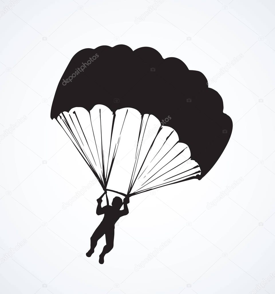 Outfit para descent jumper human figure fall soar on light aerial backdrop. Dark ink hand drawn logotype emblem design in art retro contour engraved print style on paper space for text