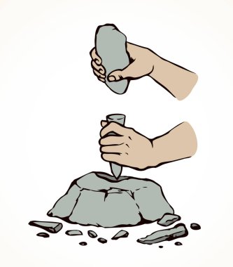 Ağır sert bazalt Arnavut kaldırımı içinde palmiye tarafından Habilisler erectus çocuk süreç basit heykel izole üzerinde beyaz arka plan yumruk. Sanatsal retro Arkaik Dönem çizgi siyah mürekkep çizilen Şekil kroki tarzı kazınmış