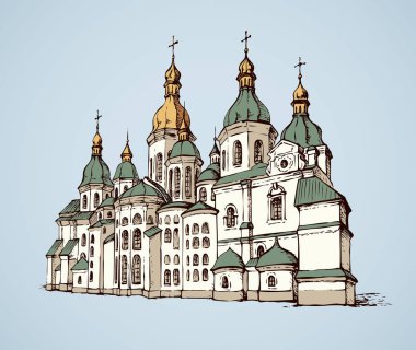 Saint Sophia Cathedral in Kiev, Ukraine. Vector monochrome freehand drawn sketching in style of pen on paper isolated on white background with space for text clipart