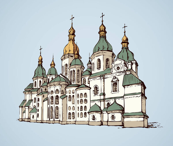 Saint Sophia Cathedral in Kiev, Ukraine. Vector monochrome freehand drawn sketching in style of pen on paper isolated on white background with space for text