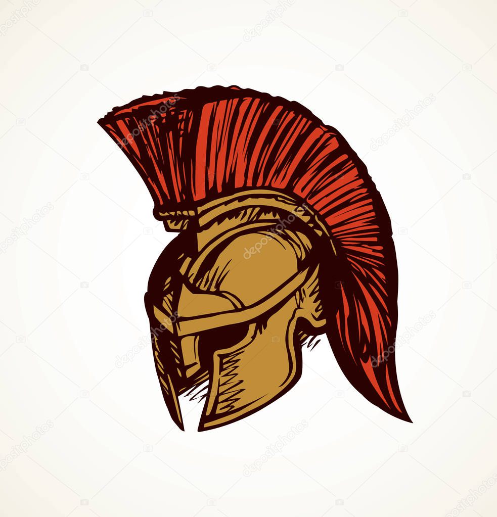 Historic past golden leonidas helm on white backdrop. Bright red color hand drawn logo emblem pictogram sketchy in art doodle cartoon retro style. Closeup side view with space for text