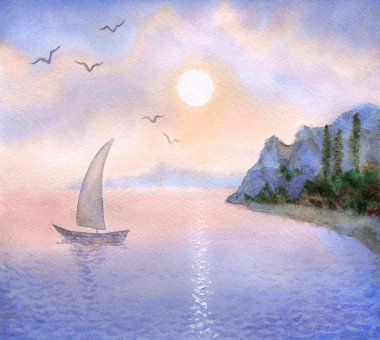 Renkli romantik el yapımı suluboya kağıdı zemin ve metin üzerinde pembe gloaming cennet için yer. Hafif güneş ışığı rezervuar üzerinde canlı mavi kümülüs. Mor koyunda doğal sahil sahil banka görünümü