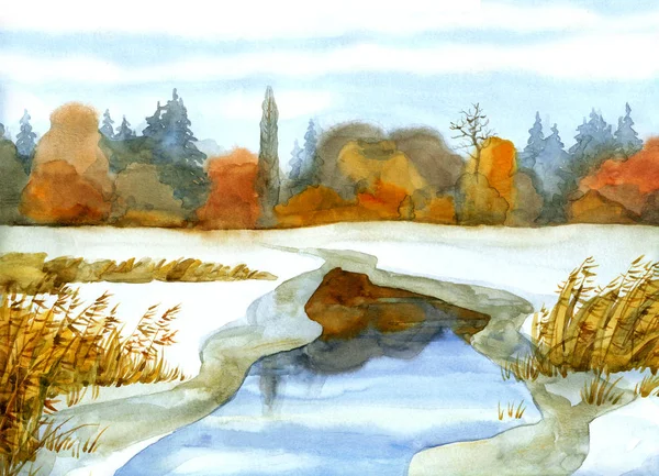 在充满活力的冬日 沼泽冰封山谷的冰冻小溪上的冰洞芦苇丛 手绘水彩白色背景 彩景田园风光与蓝天文字空间 — 图库照片