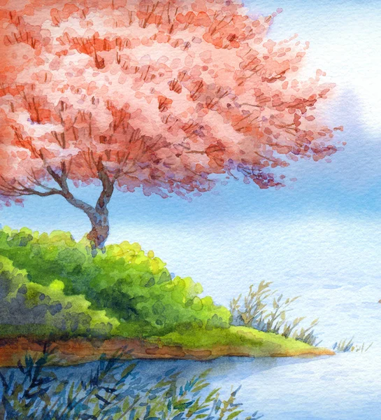 カラフルな手作り明るいロマンチックな水彩紙背景カード スペース本文 新鮮な黄昏の優しい穏やかで静かな湖に島の茂みにプライムのエレガントな香りのフルーツ苗 — ストック写真